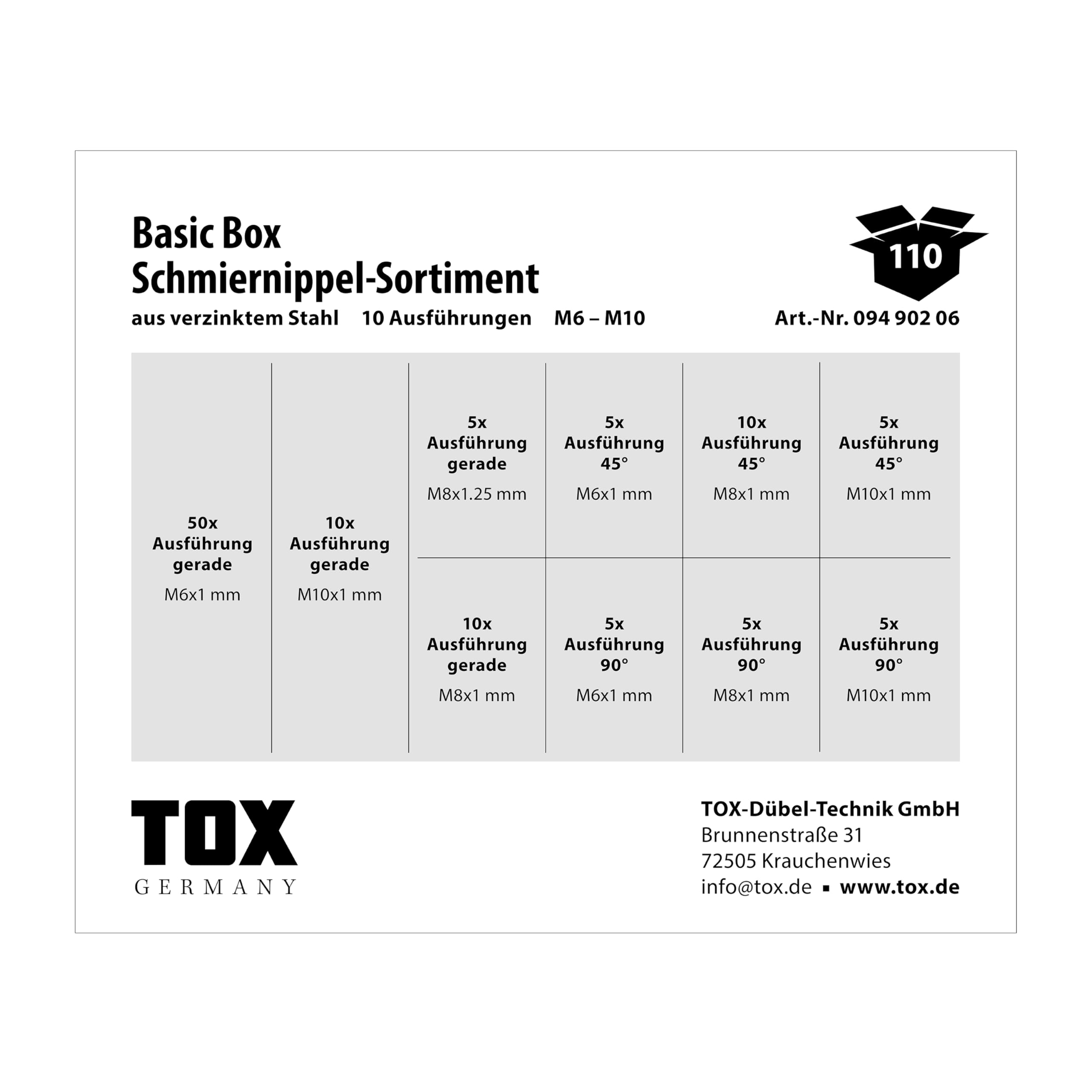 TOX Set mit Schmiernippel-Sortiment (110-tlg.) + Cuttermesser mit 2 Ersatzklingen, Schmiernippel in Transportbox und 10 gängigen Größen M6, M8 und M10, als A-, B- und C-Ausführung, 094909158