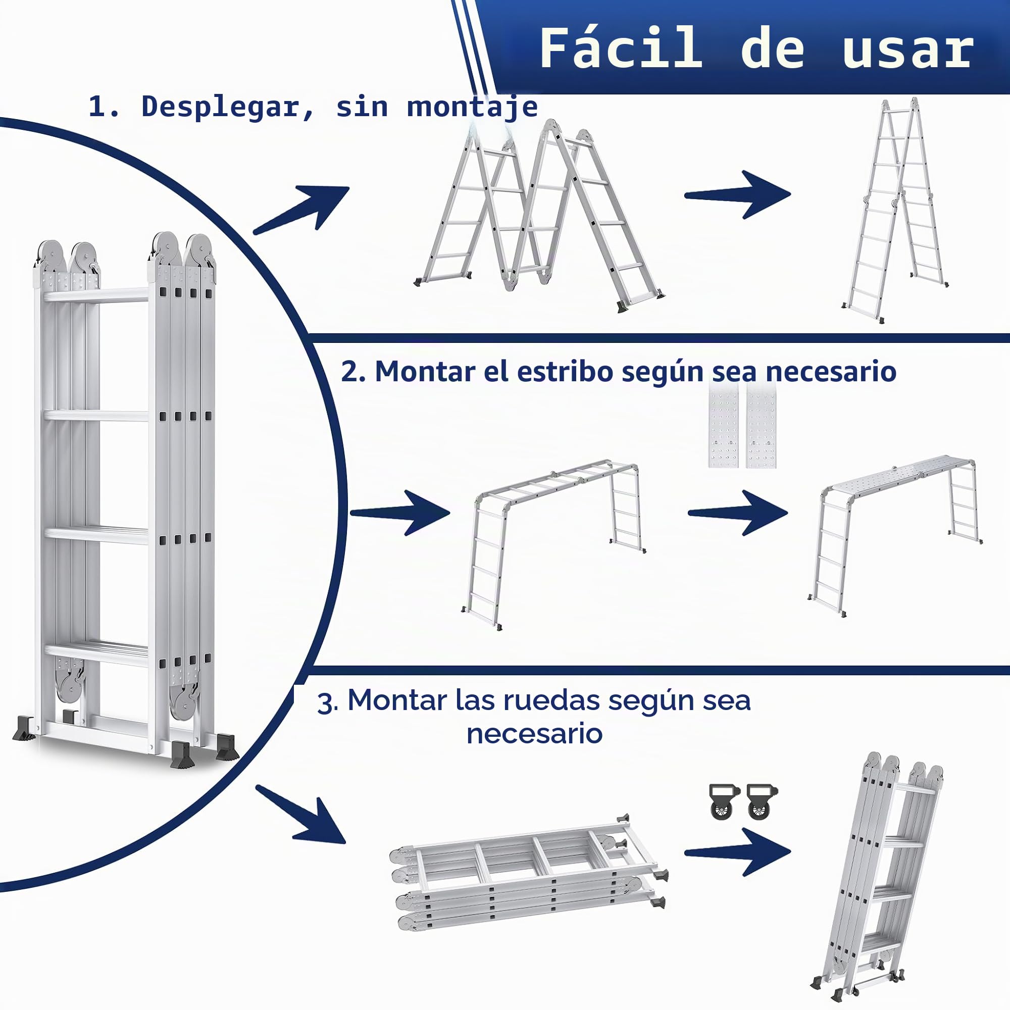 YRHome - Escalera multiusos 6 en 1, de aluminio, articulada, plegable, escalera de tijera, 340 cm, multifuncional, con plataforma, hasta 150 kg de capacidad, 4x3 peldaños, plateada