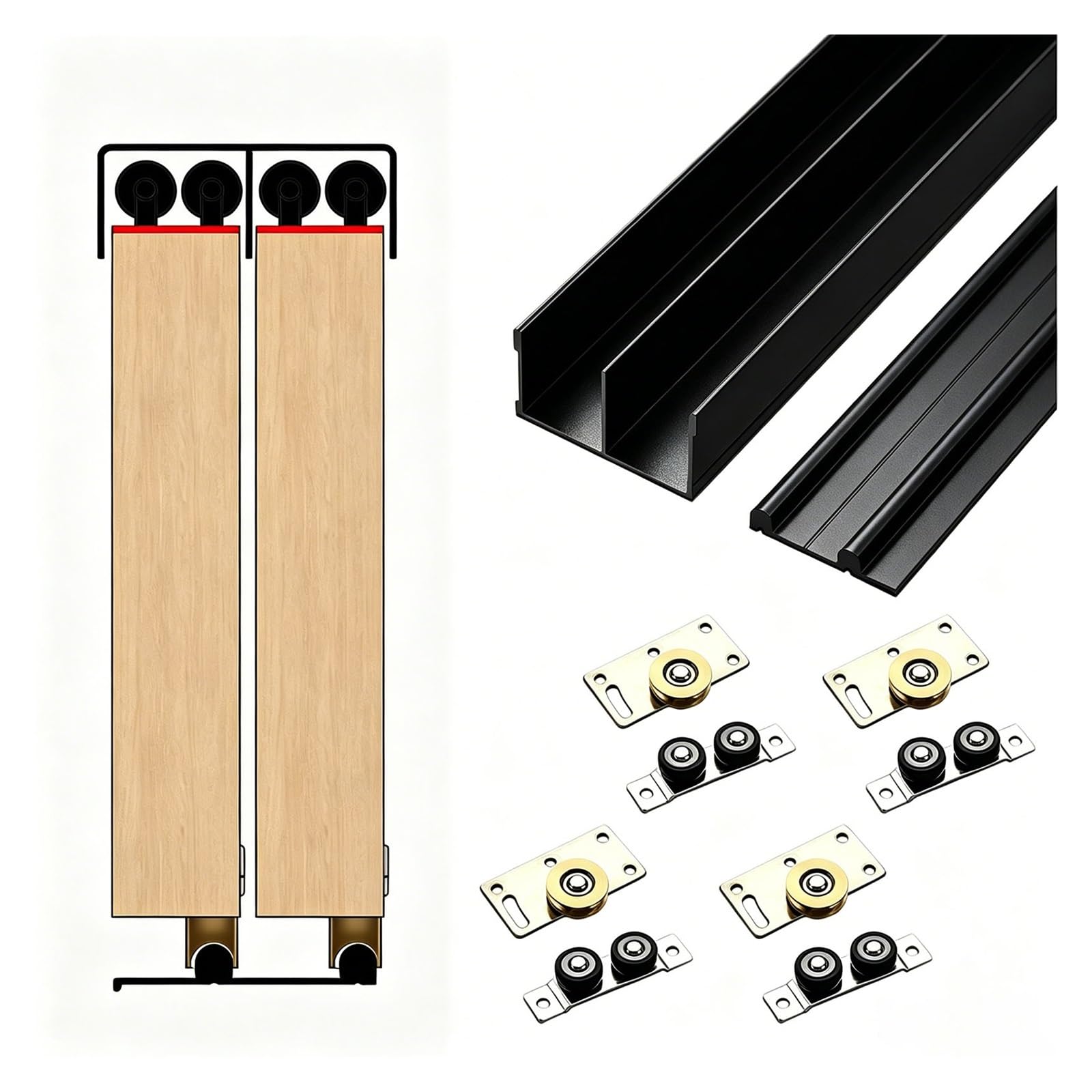Sliding-Door-Hardware Bypass Sliding Door Hardware Kit for 2 Panels, Heavy Duty Closet Bedroom Wardrobe Solution Rail, Aluminum Upper & Lower Track Kit Easy Install(Black,91in/231.1cm)