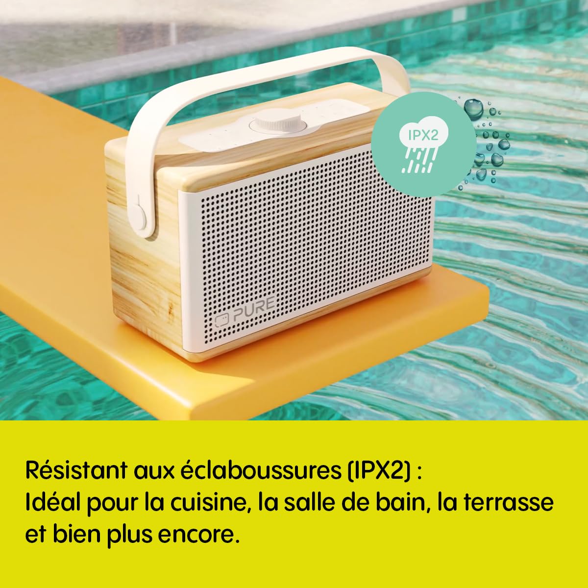 Pure Classic Aura Enceinte Bluetooth Portable 40W avec Batterie 10000mAh, Fonction Powerbank, lumière d’Ambiance, 30h autonomie, USB-C, entrée AUX, étanche IPX2 – Marron Café/Noyer