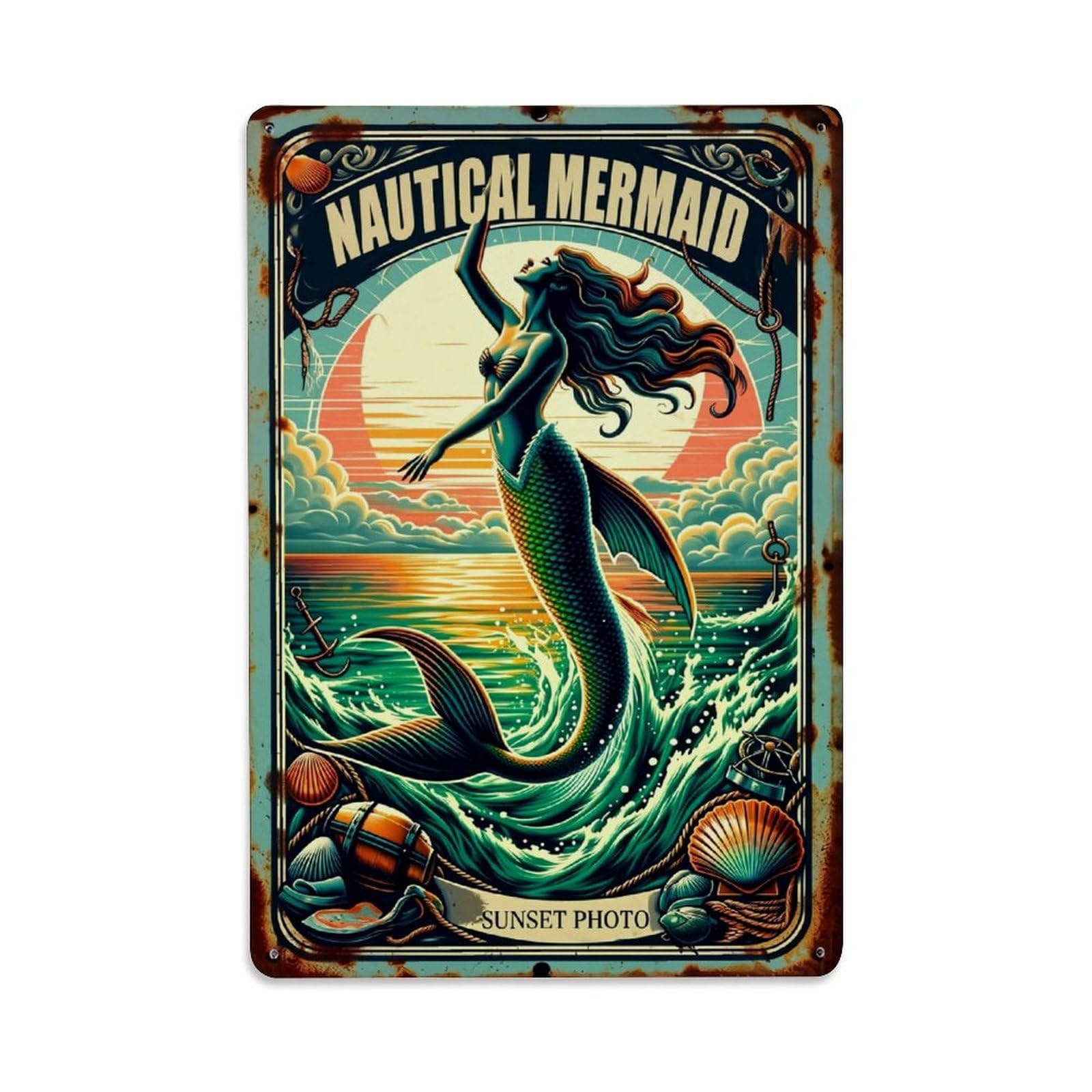 Jdfenggu Vintage Nautical Mermaid Sunset Waves Sea Retro Metal Tin Sign, Decor Art Poster For Bar, Home, Man Cave, Kitchen, Laundry Room Gift 8X12inch