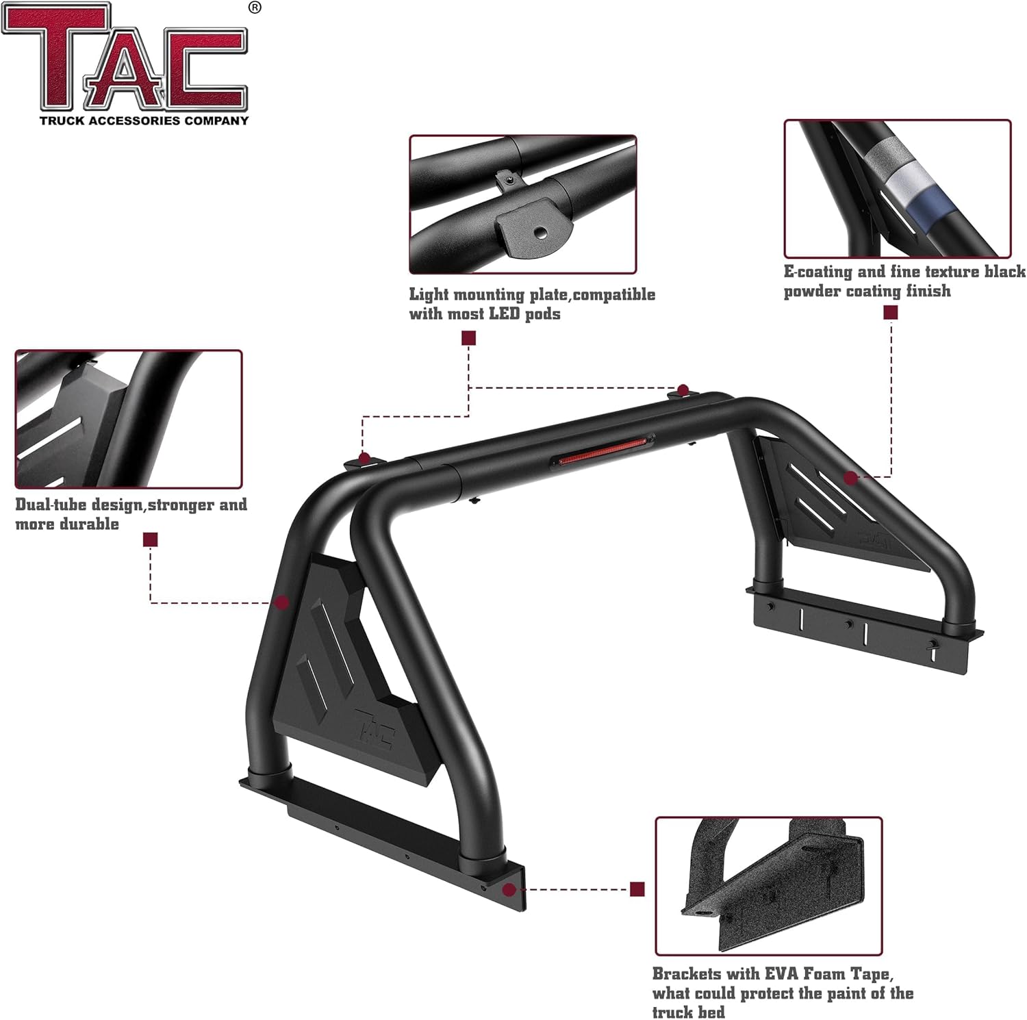 TAC T1 Sport Bar Roll Bar Compatible with 2020-2026 Jeep Gladiator | Carbon Steel Black| with Brake Light(Include Mount Plate of LED Light)