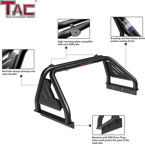 Miniatura 4 de TAC T1 Barra enrollable deportiva compatible con Jeep Gladiator 2020-2024, acero al carbono, negro, con luz de freno (incluye placa de montaje de