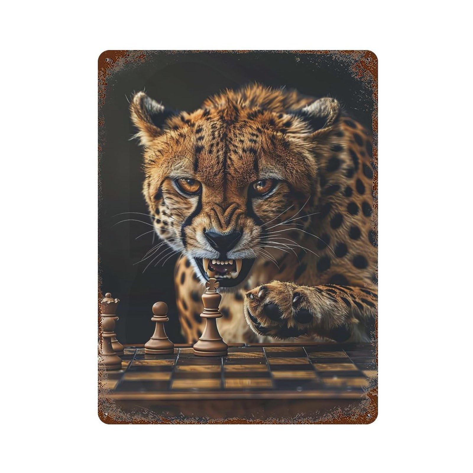 Cheetah Chess Weathered Tin Sign 15.7"x11.8", Novelty Wall Decor for Garage, Pub Or Kitchen