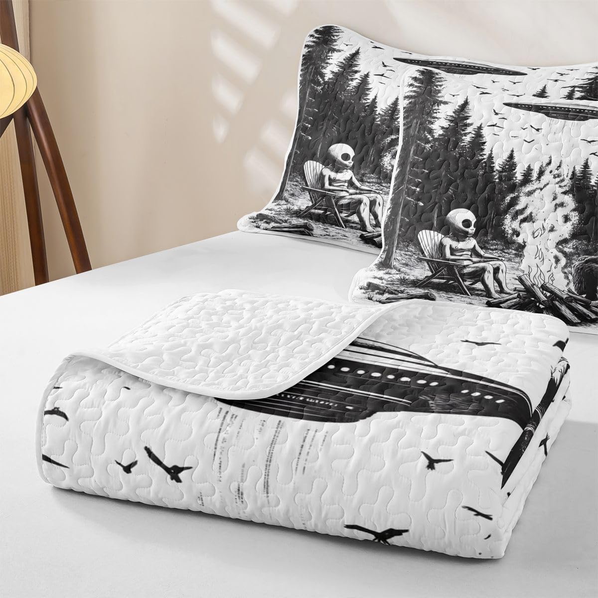 Sasquatch and Alien Quilt Set Twin Size,Universe Space UFO Bedding Sets 2Pcs for Kids Teens Teens Room Decor,Retro Pine Tree Campfire Quilted Bedspread Camping Bigfeet Coverlet,1 Pillow Sham