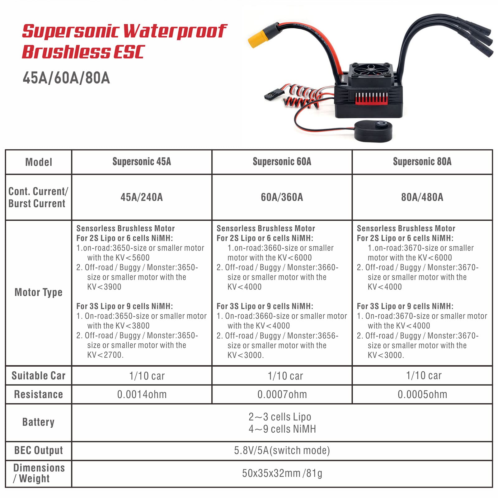 Surpass Hobyy RC Motore Brushless, Rocket V2 Supersonic 3650 3250KV 4 Pole Motore Brushless con 60A ESC Set per 1/10 RC Auto Parti di Aggiornamento