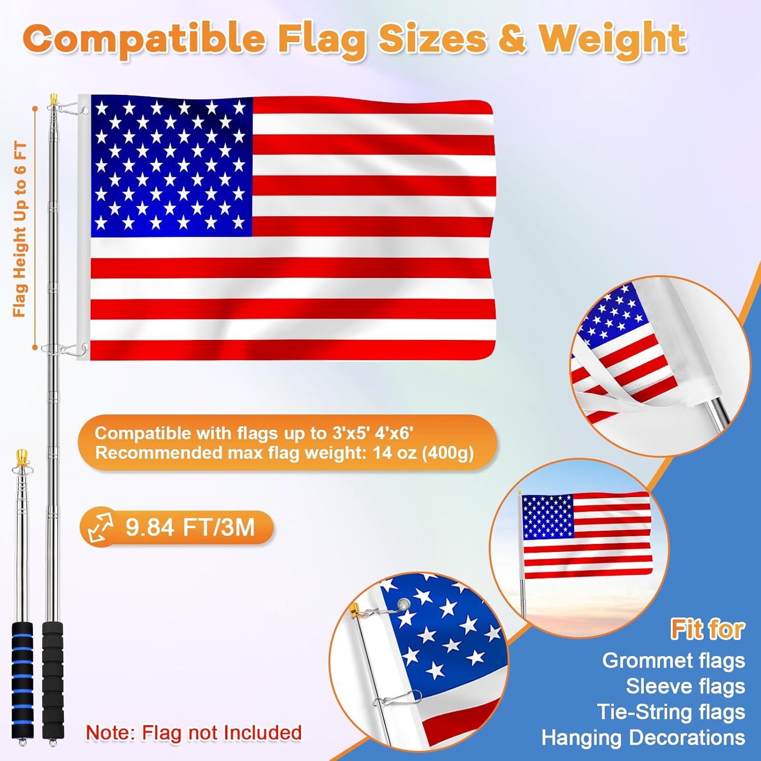 2 Pack Telescopic Portable Handheld Flag Pole 9.8Ft/3M Stainless Steel, Retractable Hand Held Flagpole for Carrying, Telescoping Tour Guide Flagpoles for 3x5 4x6 Flag with 4 Pcs Clips (Black+Blue)