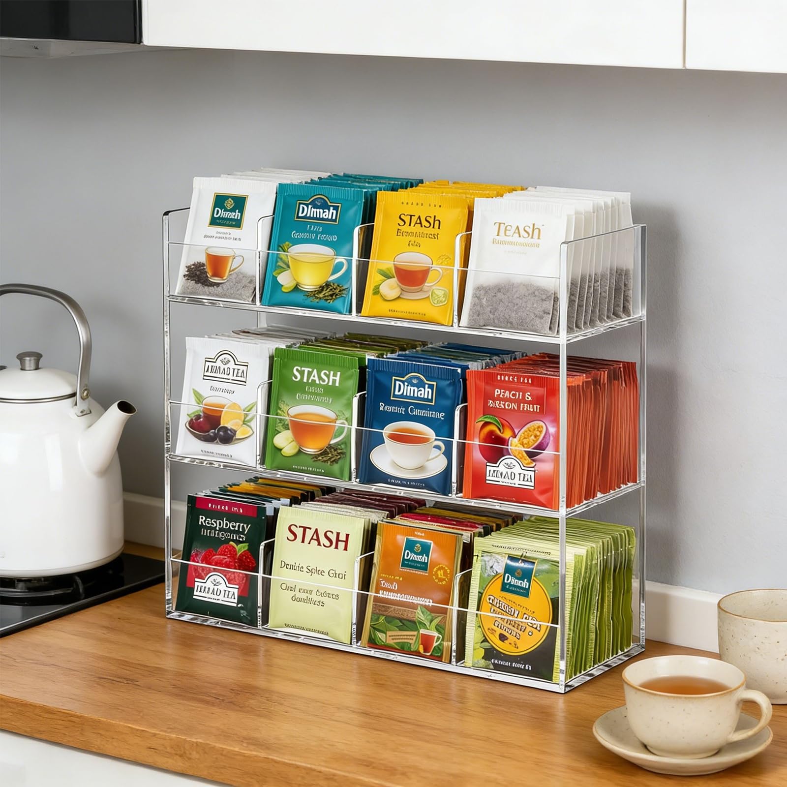 Teebeutel Organizer aus Acryl - 3-stufige Teebeutel Aufbewahrung mit 12 Fächern, Teebeutelhalter für 216 Teebeutel Teeregal Hochkant für Arbeitsplatten Küchenschränke Vorratskammern, Platzsparend