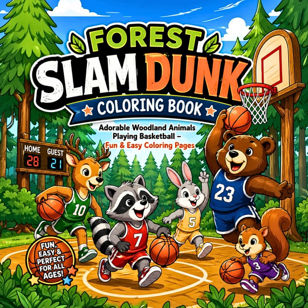 Forest Slam Dunk Coloring Book: Adorable Woodland Animals Playing Basketball – Fun & Easy Coloring Pages. (Woodland Sports Adventures Coloring Book Series)