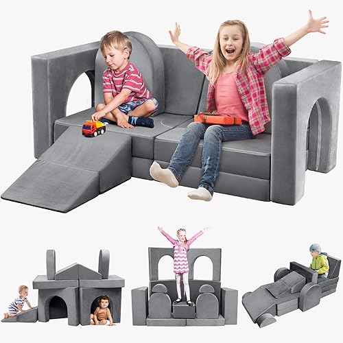 Sofá modular de juego de 14 piezas para niños pequeños, sala de juegos, dormitorio, más de 500 dólares, sofá para niños, niñas y adolescentes (gris)