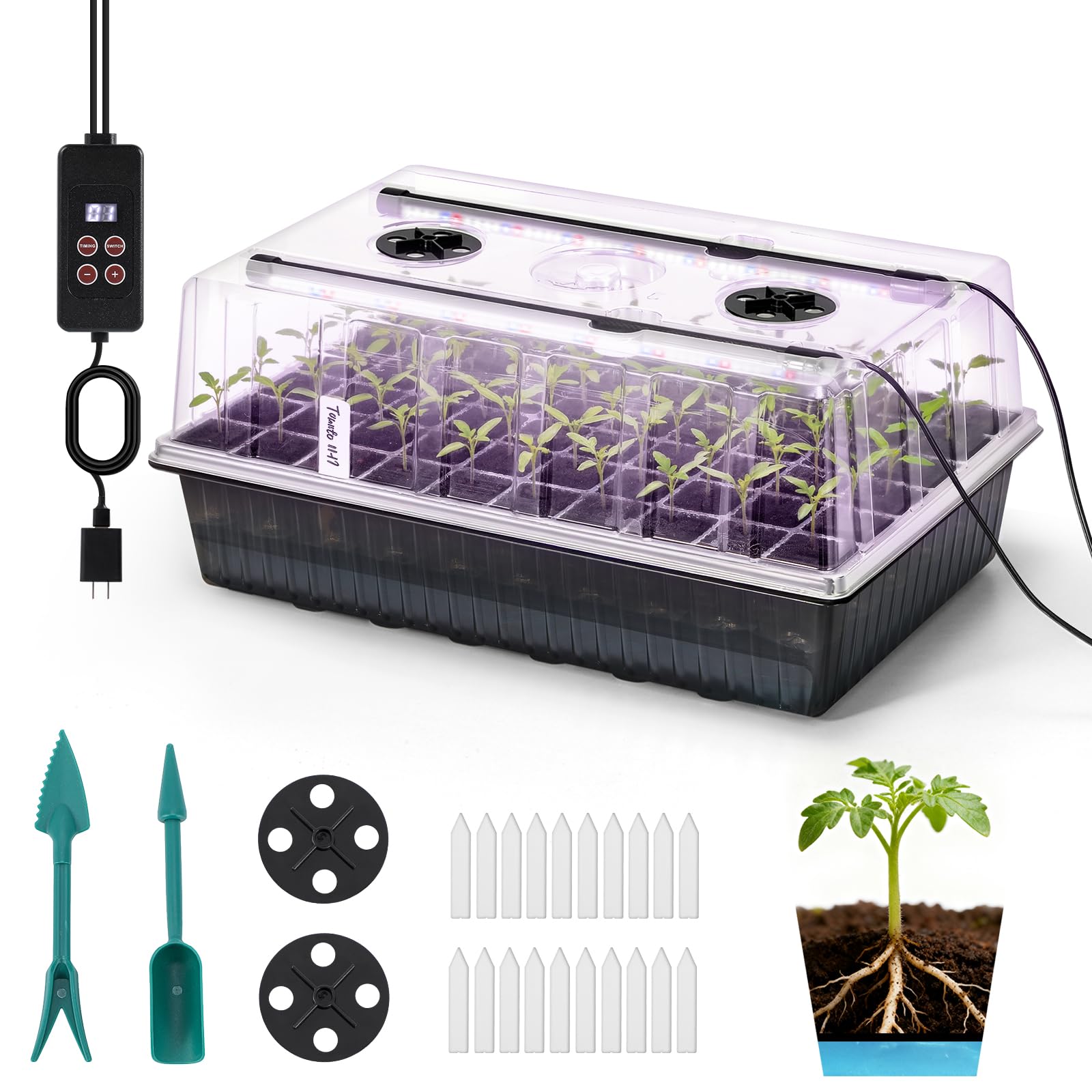 Plateau de démarrage de graines avec lampe de croissance – Kit de démarrage de graines à 60 cellules auto-arrosant avec lampe de croissance à DEL 24h/24, 7j/7, dôme d'humidité de 10,2 cm pour herbes
