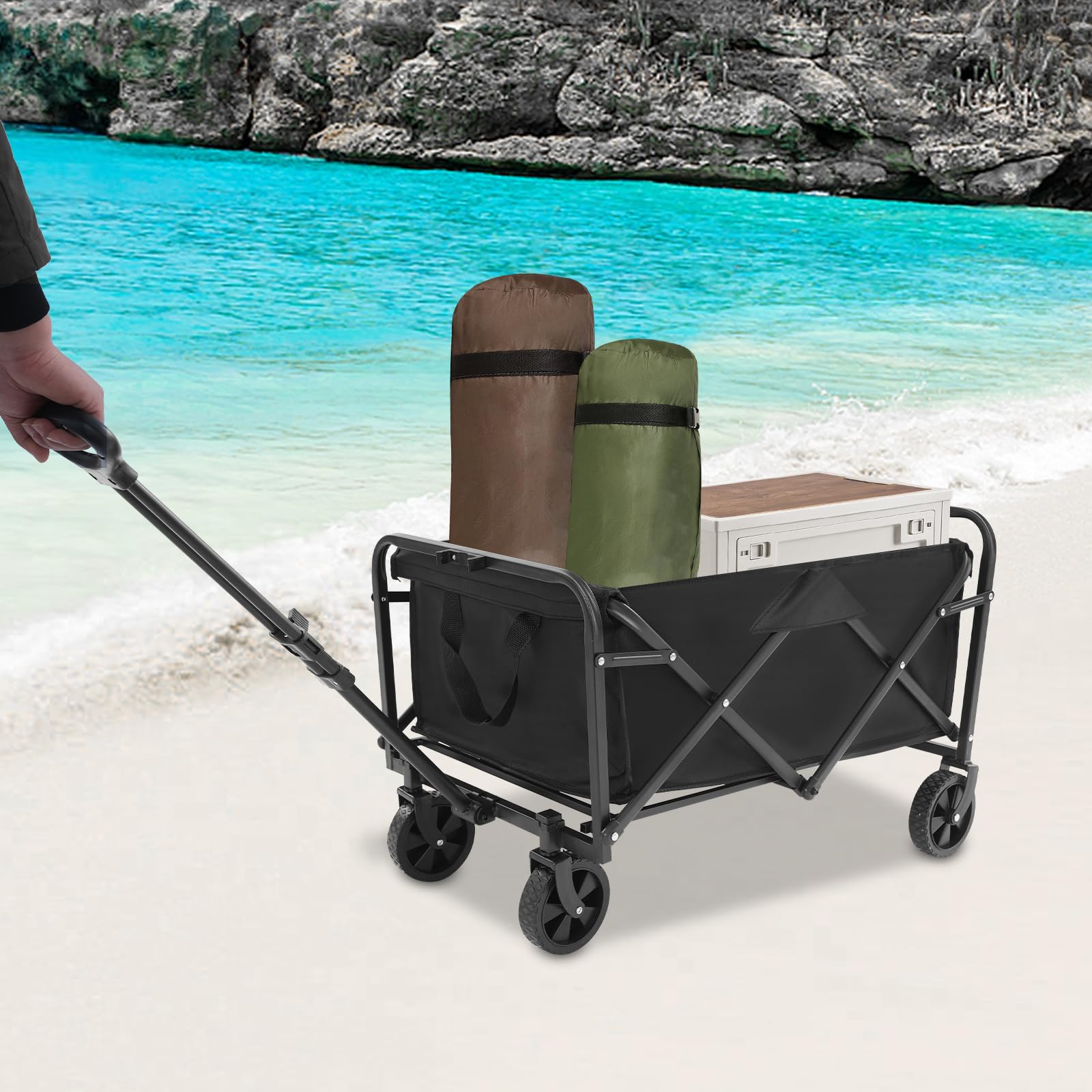 Carrello pieghevole con ruote - Carrello da campeggio pieghevole fino a 90 kg Carrello pieghevole per la spesa, spiaggia, giardino, grande capacità, tessuto Oxford