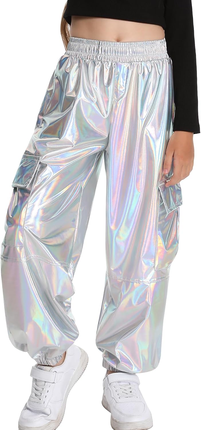 Happy Cherry Girls Metallic Cargo Pants Teen Girls Hip Hop Dance Baggy Sweatpants Kids Y2K Parachute Pants 6-13 Years