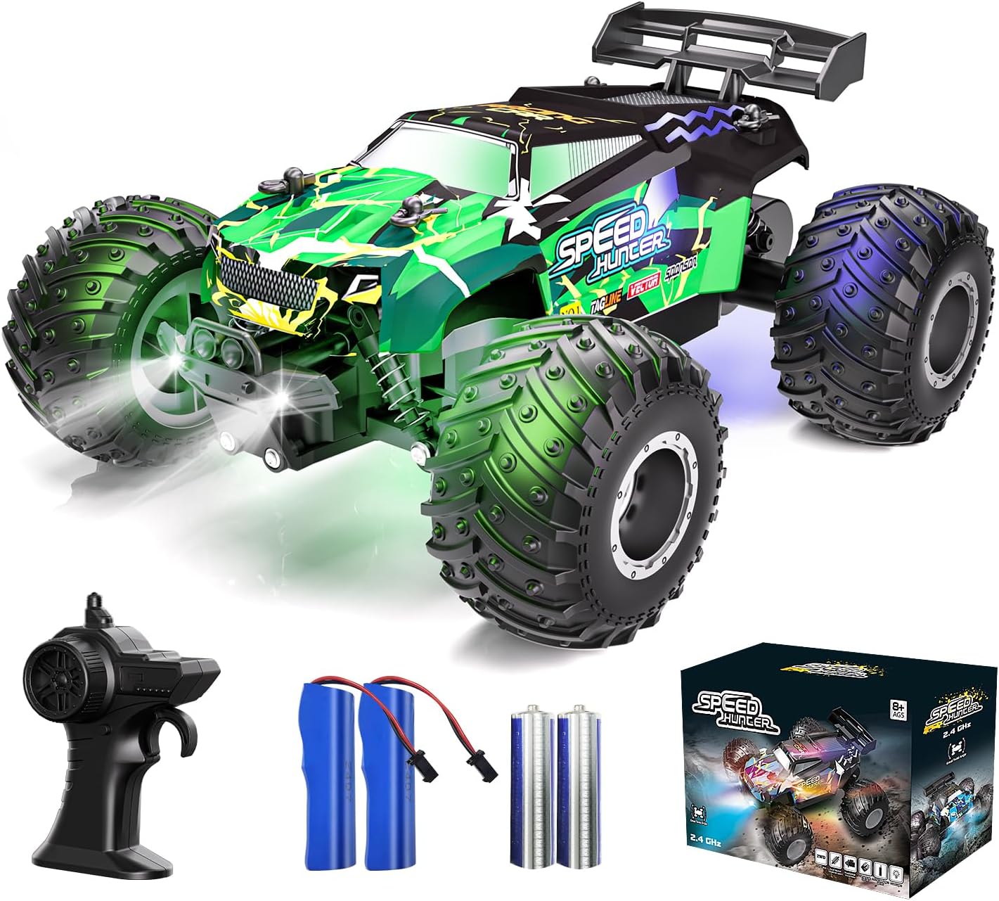 Rc Cars All Terrain Remote Control Monster Truck, 2WD Off Road Hobby RC Crawler Truck With 2 Rechargeable Batteries And Colorful Light, 20Km/H Fast Rc Car Toys Gift For Kids Boys, Green