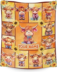 Personalized Highland Cow Blanket Gifts with Name - 40x50 Inches Cute Throw Blanket for Girls & Boys - Yellow Soft Fuzzy Blankets for Bed, Couch & Living Room