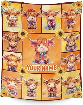 Personalized Highland Cow Blanket Gifts with Name - 40x50 Inches Cute Throw Blanket for Girls & Boys - Yellow Soft Fuzzy Blankets for Bed, Couch & Living Room