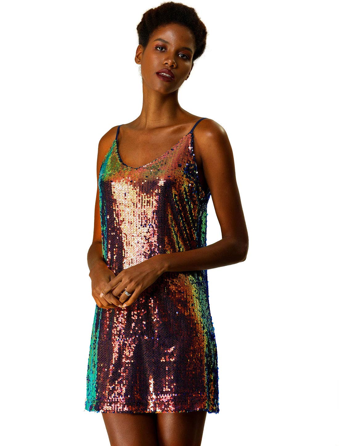 Allegra KWomen's Glitter Sequin Dress Spaghetti Strap V Neck Party Cocktail Sparkly Mini Dress Clubwear