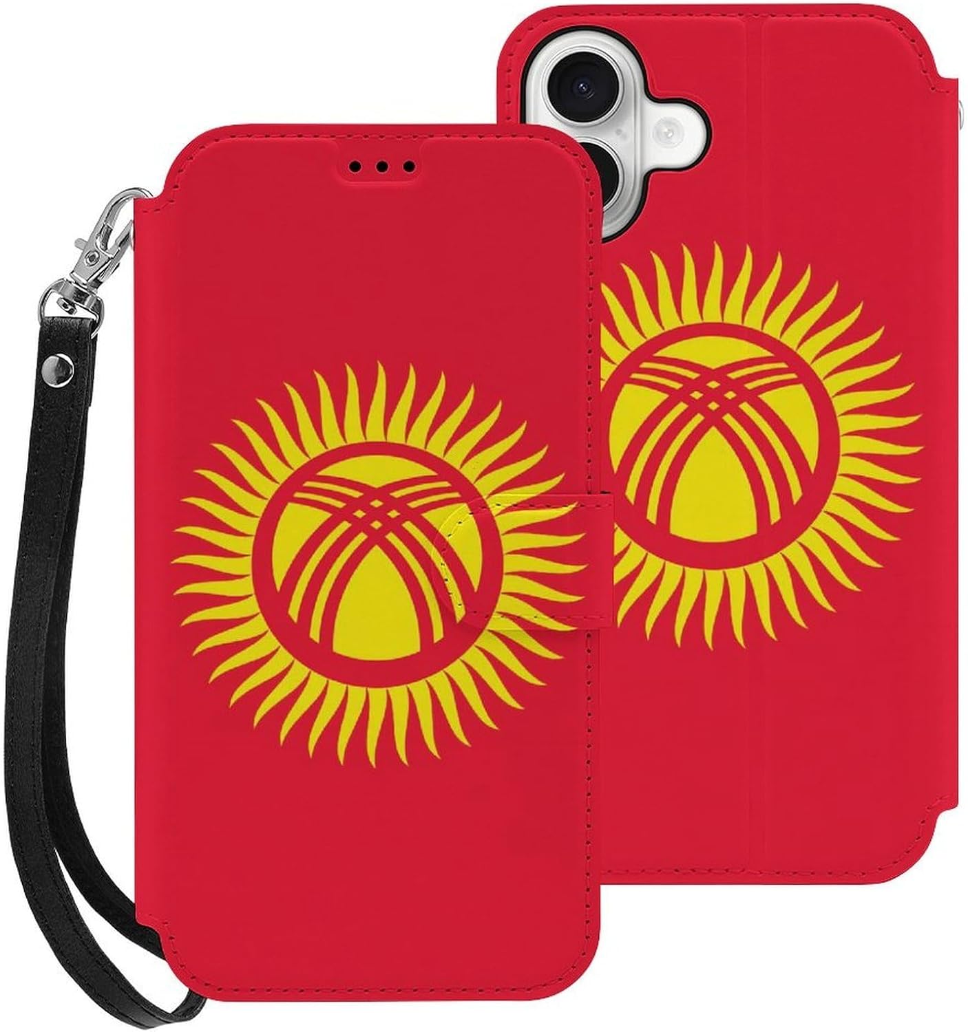 Kyrgyzstan Kyrgyz Flag Yellow Sun Compatible with iPhone 16/16 Plus/16 Pro/16 Pro Max/16 E Case Phone Wallet Card Holder Flip Cover with Wrist Strap