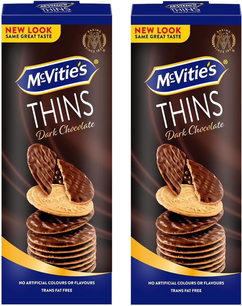 McVities Thins Dark Chocolate Crispy Biscuits with 40% Dark Chocolate & 38% Cocoa Solid, (Pack of 2-150gm Each)