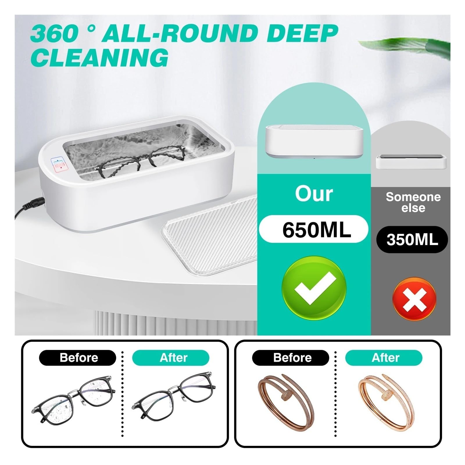 limpiador ultrasónico, Limpiador profesional de cristales, relojes y joyas con tanque de ondas ultralimpio de 650 ml.