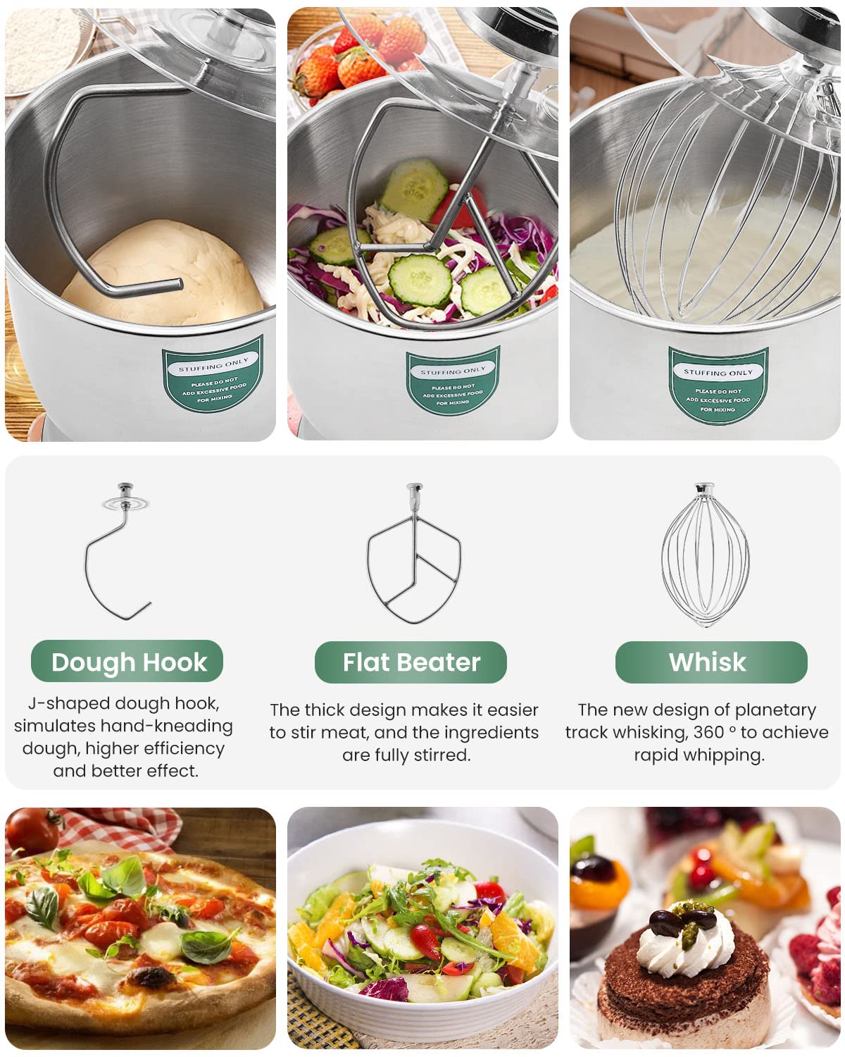 Huanyu Batidora Mezclador de Soporte Comercial con Gancho de Masa 3 en 1 Batidor Plano Máquina de Mezcla Alimentos Multifuncional Eléctrica Comercial 10QT 500W