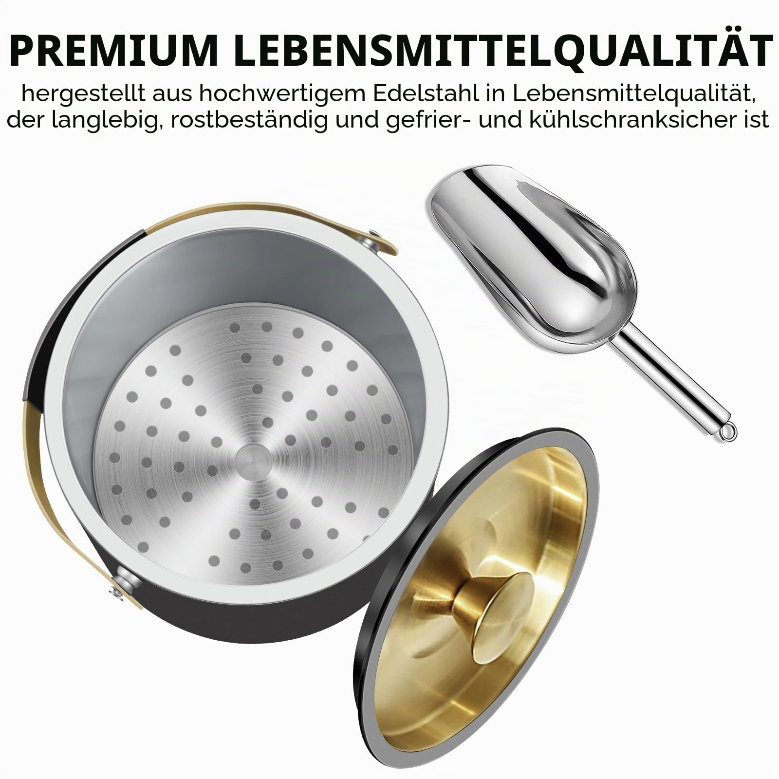 3.2L Moderner Eiswürfelbehälter mit Deckel, Schaufel, Sieb, doppelwandiger Eiskübel aus Edelstahl für Champagner, Wein, Bier, Kühlen für Partys (Schwarz)