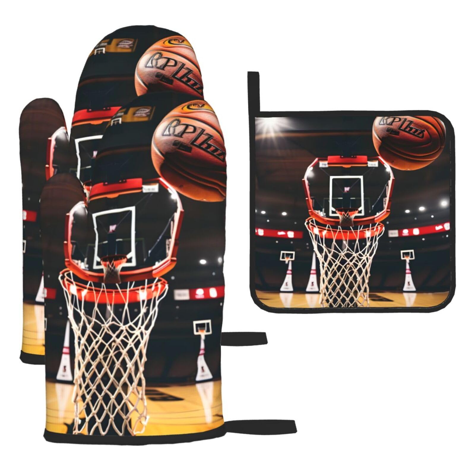 Basketball Print Oven Mitts Kitchen Gloves Set Everyday Baking Grilling Microwaving Cooking Gift