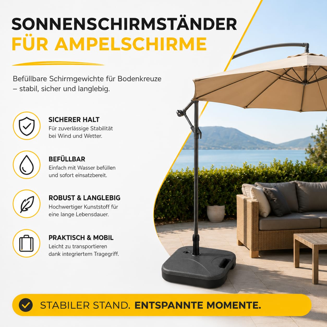 Sonnenschirmständer für Ampelschirme – befüllbare Schirmgewichte für Bodenkreuze aus Kunststoff - Schirmständer für Sonnenschirm - Ampelschirmständer (Einteilig bis 30 kg, Kunststoff)