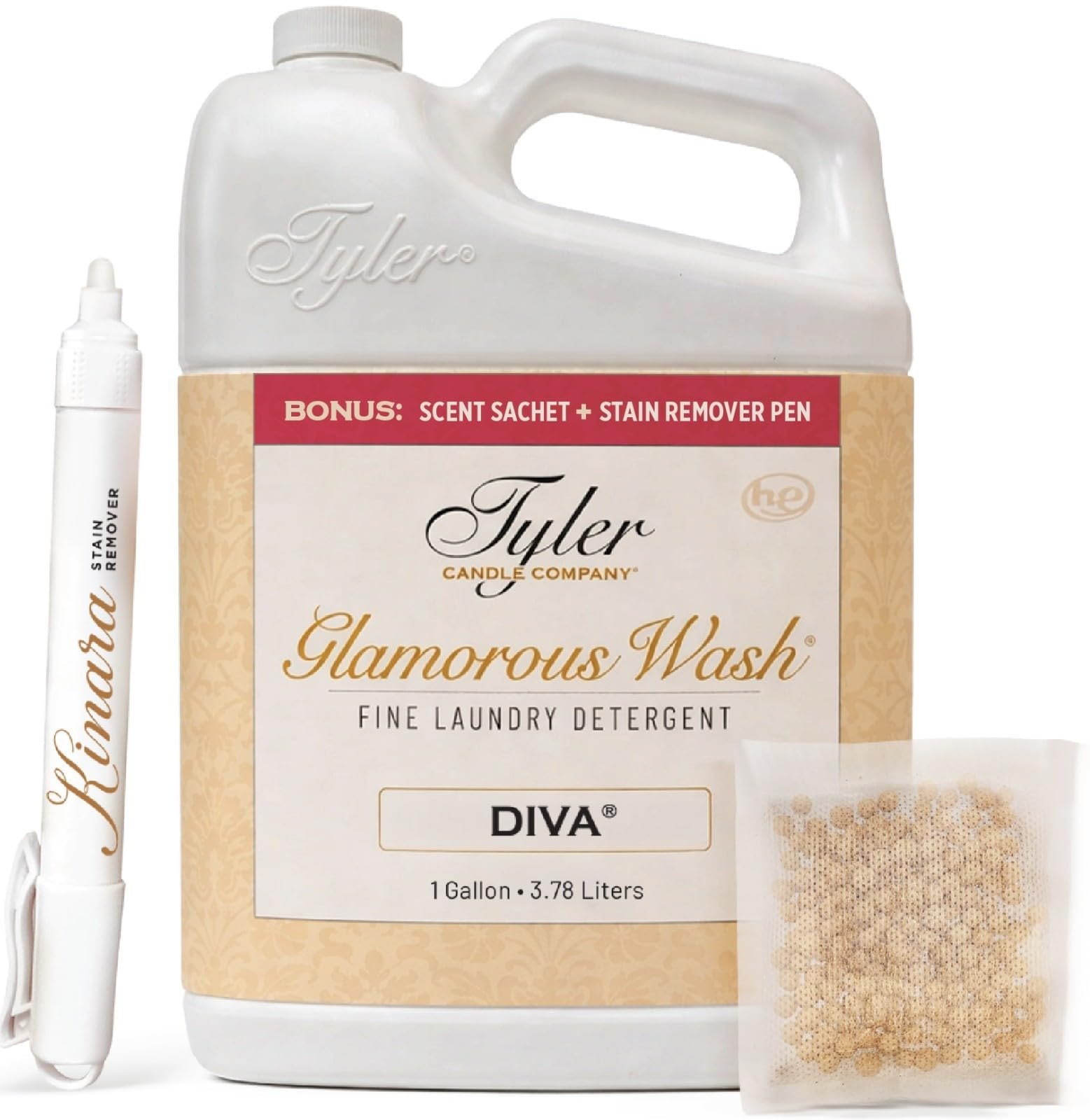 KINARA Tyler Glamorous Wash Liquid Laundry Detergent, Bundle with Stain Remover Pen, Fresh Scented Sachet - Gentle Washing Detergent, Laundry Supplies - 1 Gallon