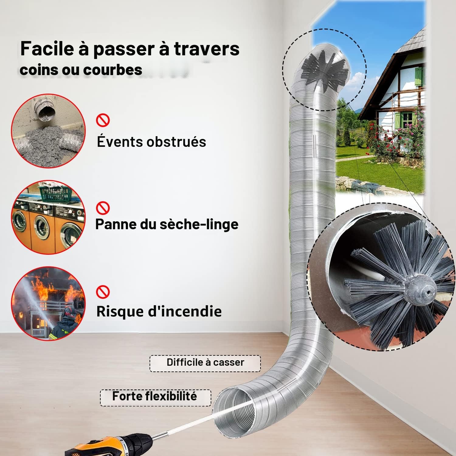 Kit Brosse de Cheminée pour Ramonage 6 Tiges Flexibles 61cm Tête 100mm Poêle à Granulés
