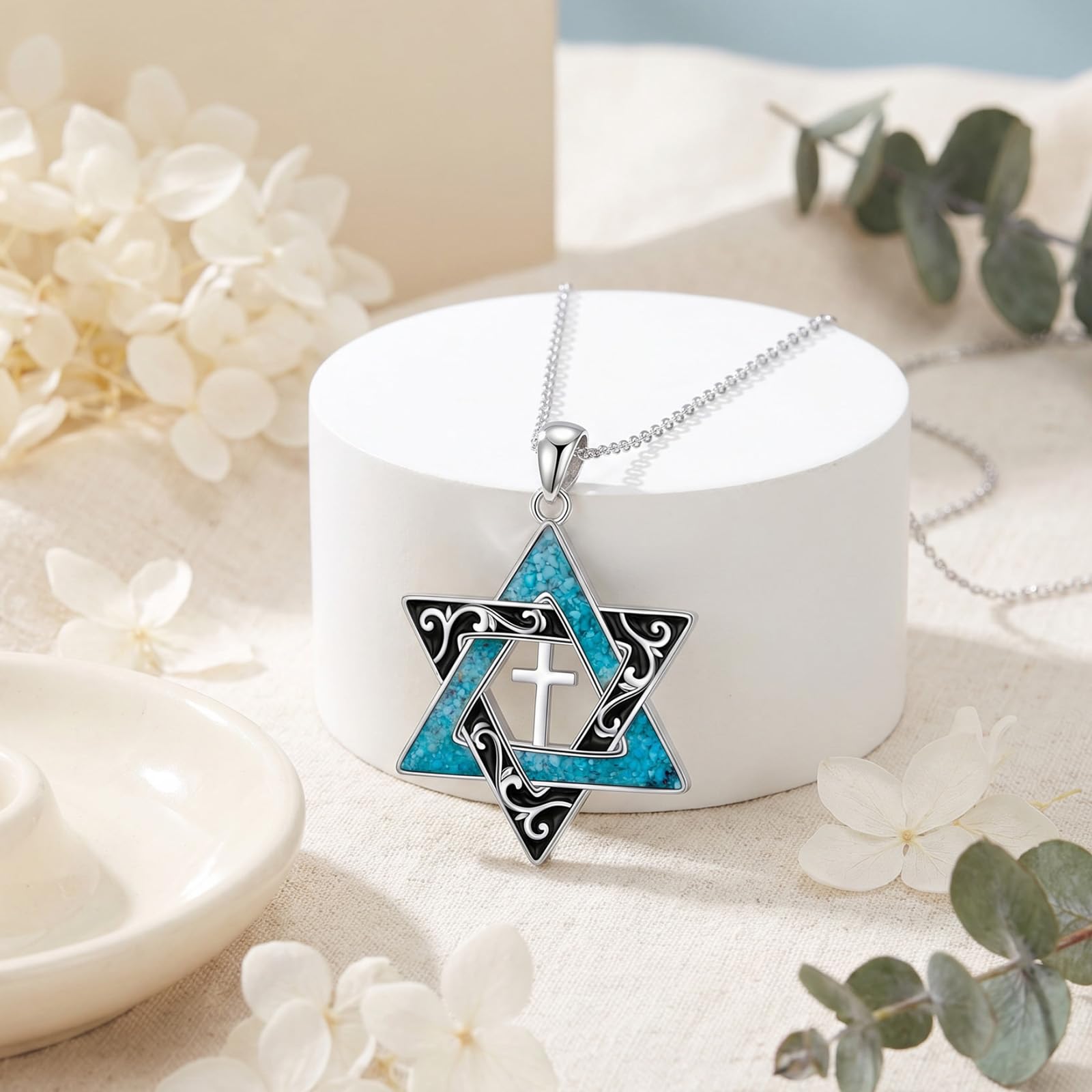 DAOCHONG Collana con stella di David in argento 925 con turchese, gioiello da donna