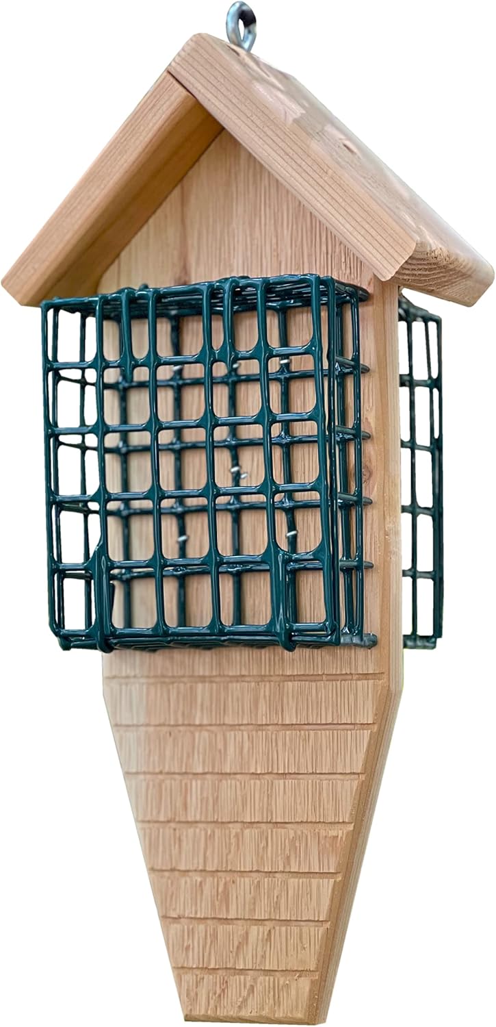 Double Suet Cage Cedar Wood Bird Feeder with Grooved Tail Prop, Wooden Bird Feeder, Outdoor Feeder for Birds, Hanging Mount Feeder for Outside - Amish Made in USA (1-Pack)