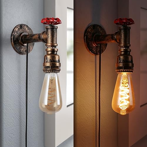 Miniatura 5 de Juego de 2 lámparas de pared industriales con cable enchufable para iluminación de noche de dormitorio, cepillo de latón, tubo de agua dorado,