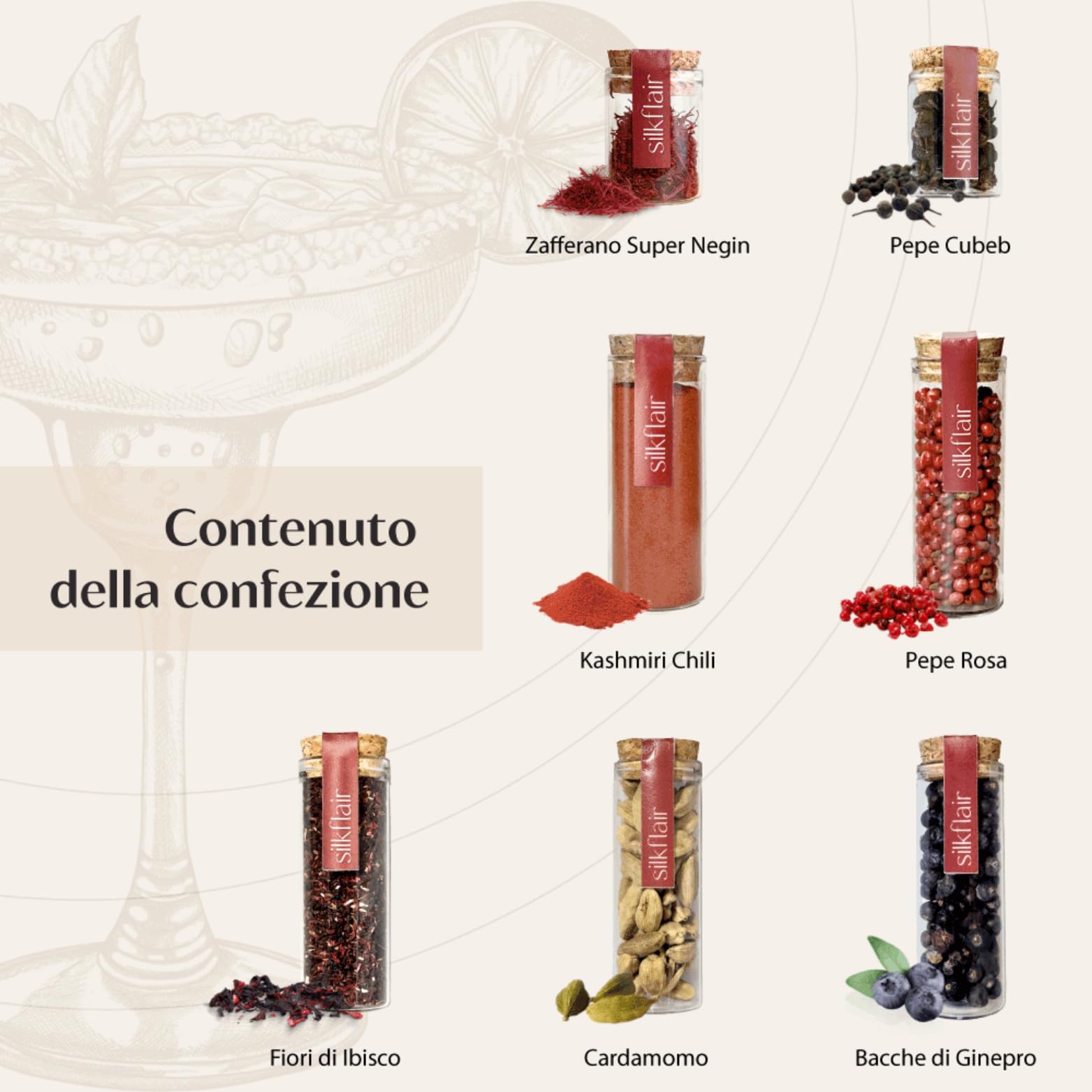 Silkflair "L'arte dei cocktail" (con zafferano in pistilli) Set spezie per cocktail e gin botanicals | Box premium con 7 spezie pregiate e 7 ricette originali