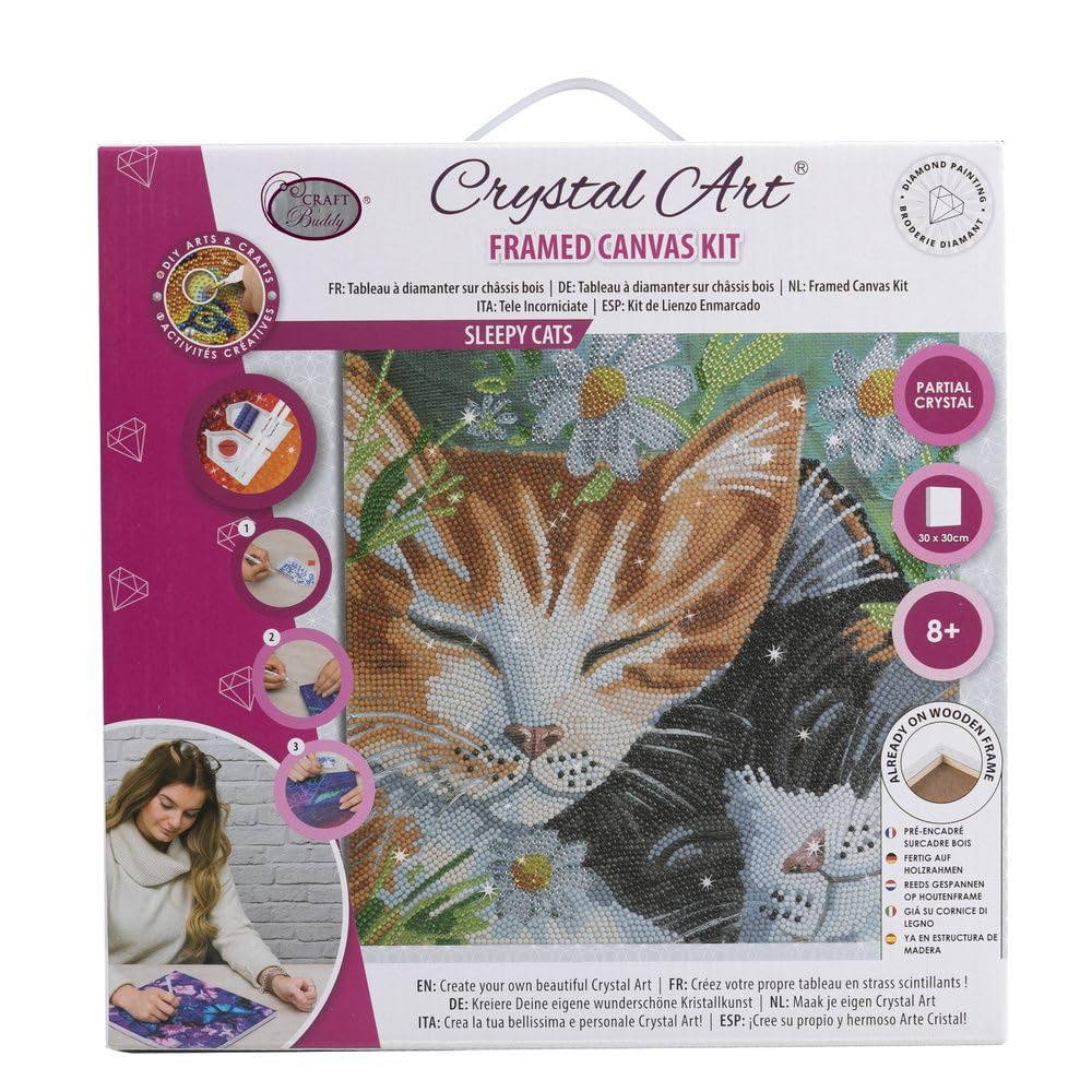 CRYSTAL ART - Kit Tableau Broderie Diamant sur Chassis Toilé - Activité Manuelle de Peinture - Loisirs Créatifs - Adulte et Enfant - Thème : Chats Dormeurs - Format : 30 x 30 cm