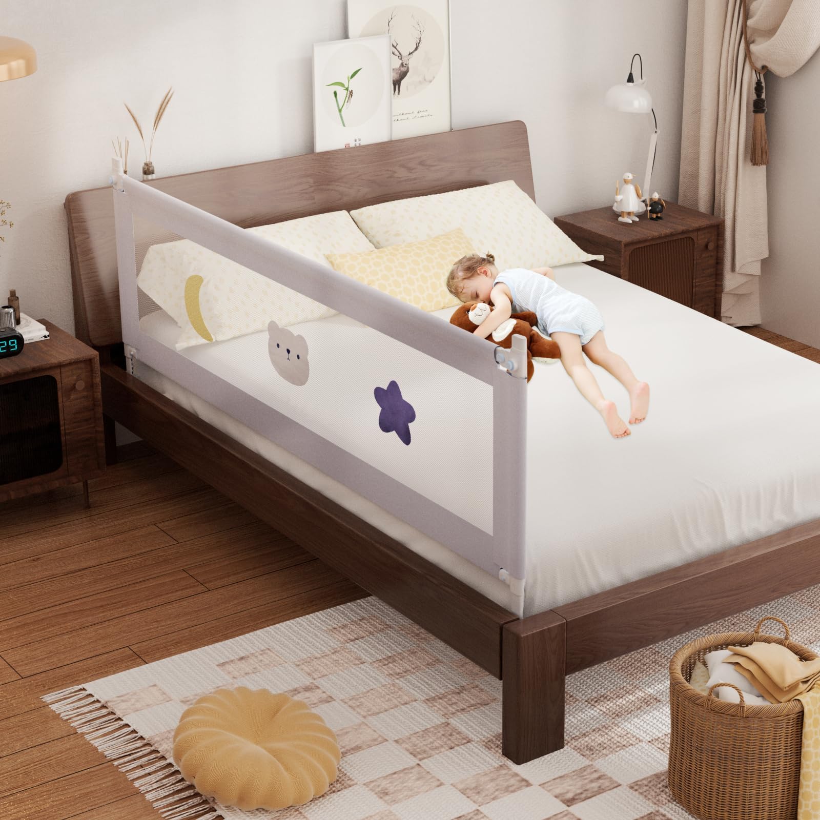 omzer Bed Rail for Toddlers - Baby Bed Guard Rail with Double Child Lock, Safety Bedrail for Children Kids with Pattern, Infants Height Adjustment Guardrail for Full Queen King Size - 1 Pack, 78.74”