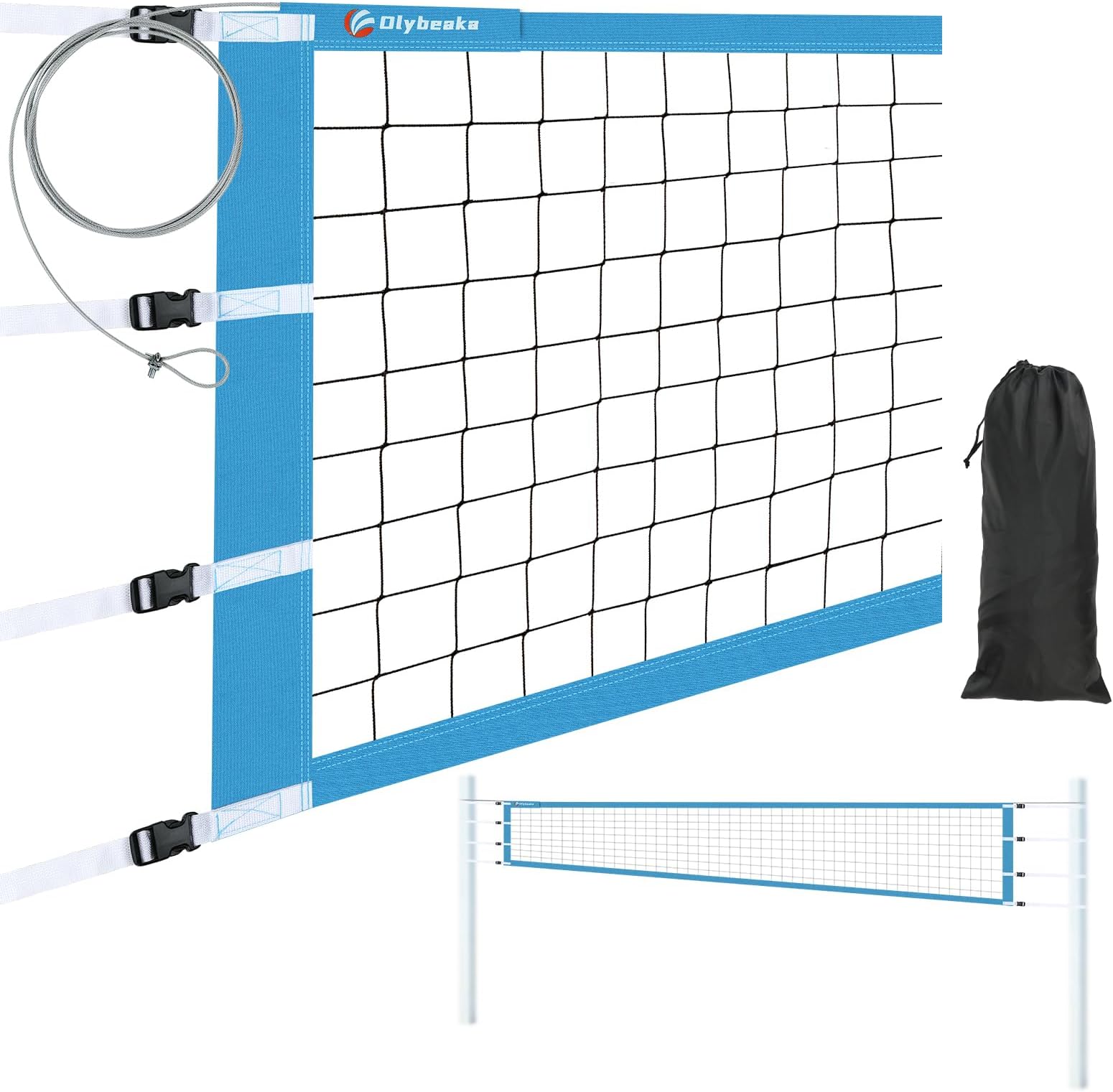 Professional Volleyball Replacement Net 32x3FT with Aircraft Steel Cable & 4 Widened Straps, Upgraded Weather Resistance Volleyball Net Only (Blue)