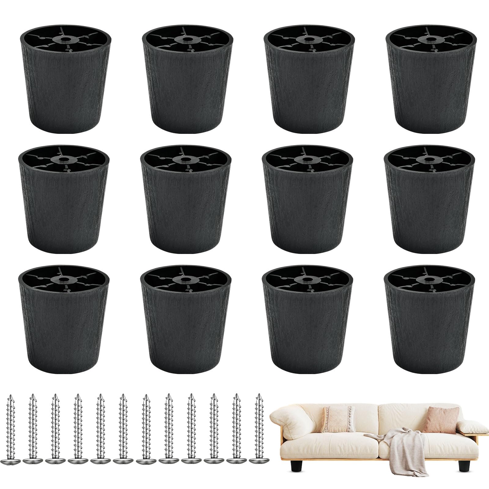 Supkiir 12 Pack 2 inch Plastic Furniture Legs, Round Tapered Black Couch Legs, Screw-in Sofa Legs Replacement Legs with M5 Screws for Furniture Couch