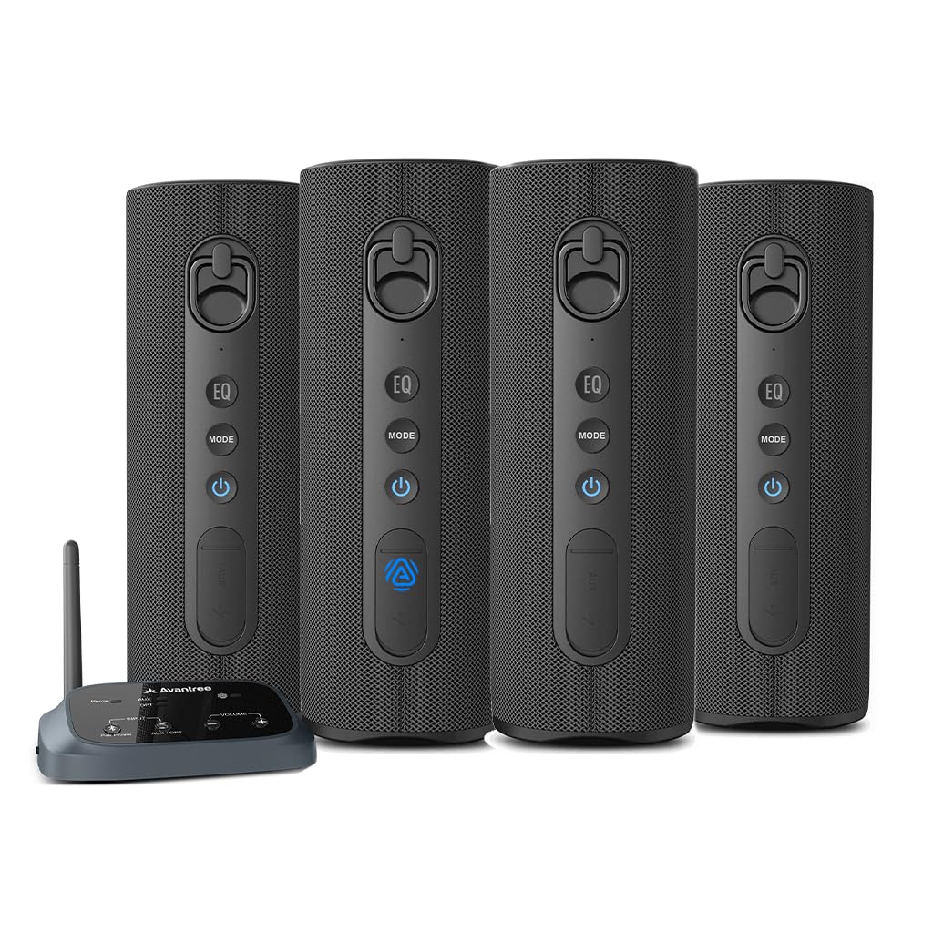 Avantree Harmony A1 – Sistema di altoparlanti wireless multi-room Auracast per musica, feste e riunioni in casa, 1 trasmettitore con 4 altoparlanti Bluetooth Auracast