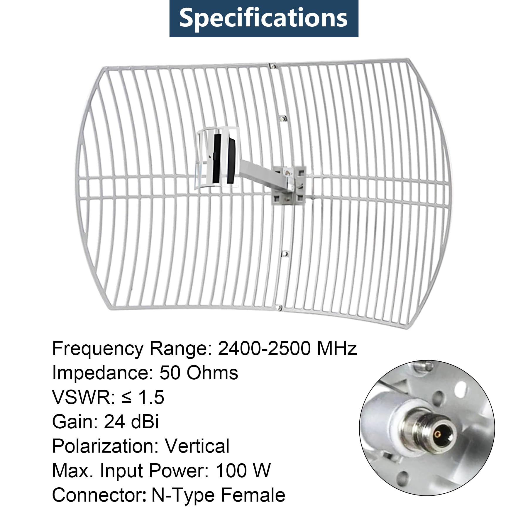 Antenne parabolique directionnelle extérieure à gain élevé 2,4 GHz 24 dBi (2400-2483 MHz) longue portée N-femelle connecteur pour caméra de sécurité routeur WI FI