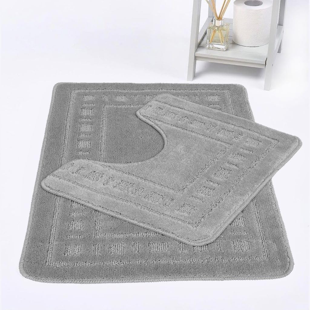 Artistic Fashionista Limited 2-Piece Diem Bath Mat Set – Soft, Absorbent & Non-Slip Bathroom Rugs, Washable Floor Mats for Shower, Tub & Toilet, Quick-Dry & Durable (Silver)