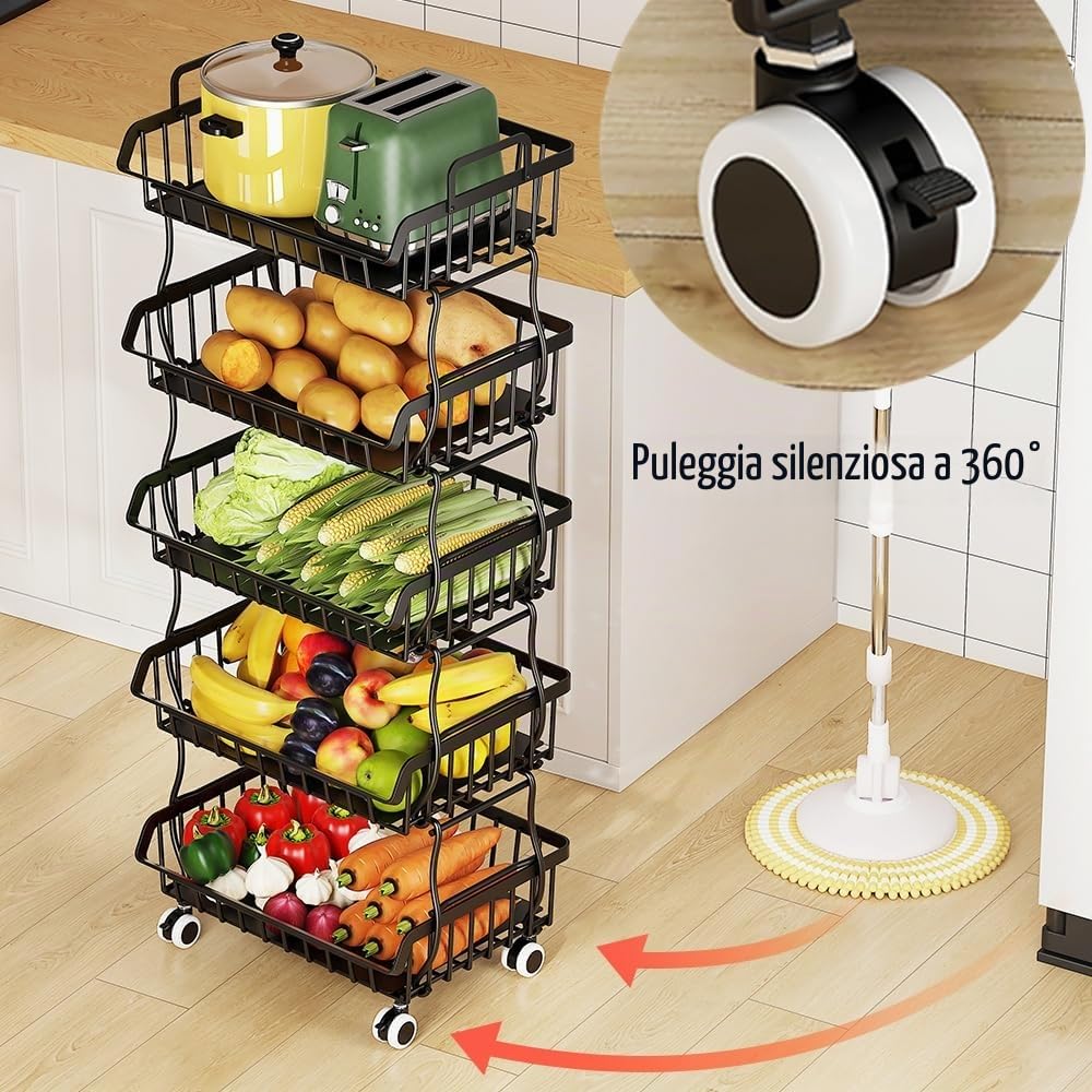 Carrello portaoggetti in filo metallico con manico superiore e ruote, resistente, impilabile, può essere separato per l'uso in cucina, bagno, camera da letto