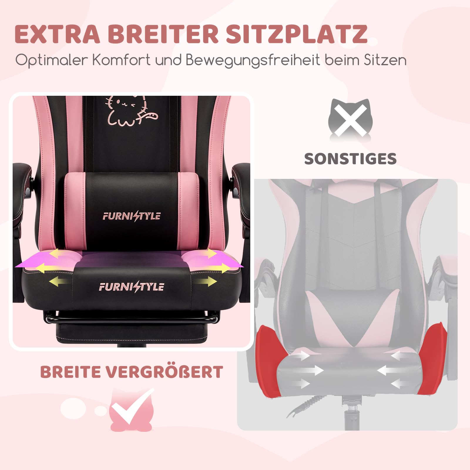 Hellove Cute Gaming Stuhl Katzenohren, Ergonomischer Computerstuhl mit Hoher Rückenlehne und Lendenwirbelstütze, Gamer Stuhl mit Fußstütze für Mädchen, Teenager, Kinder, PU-Leder, Schwarz Rosa