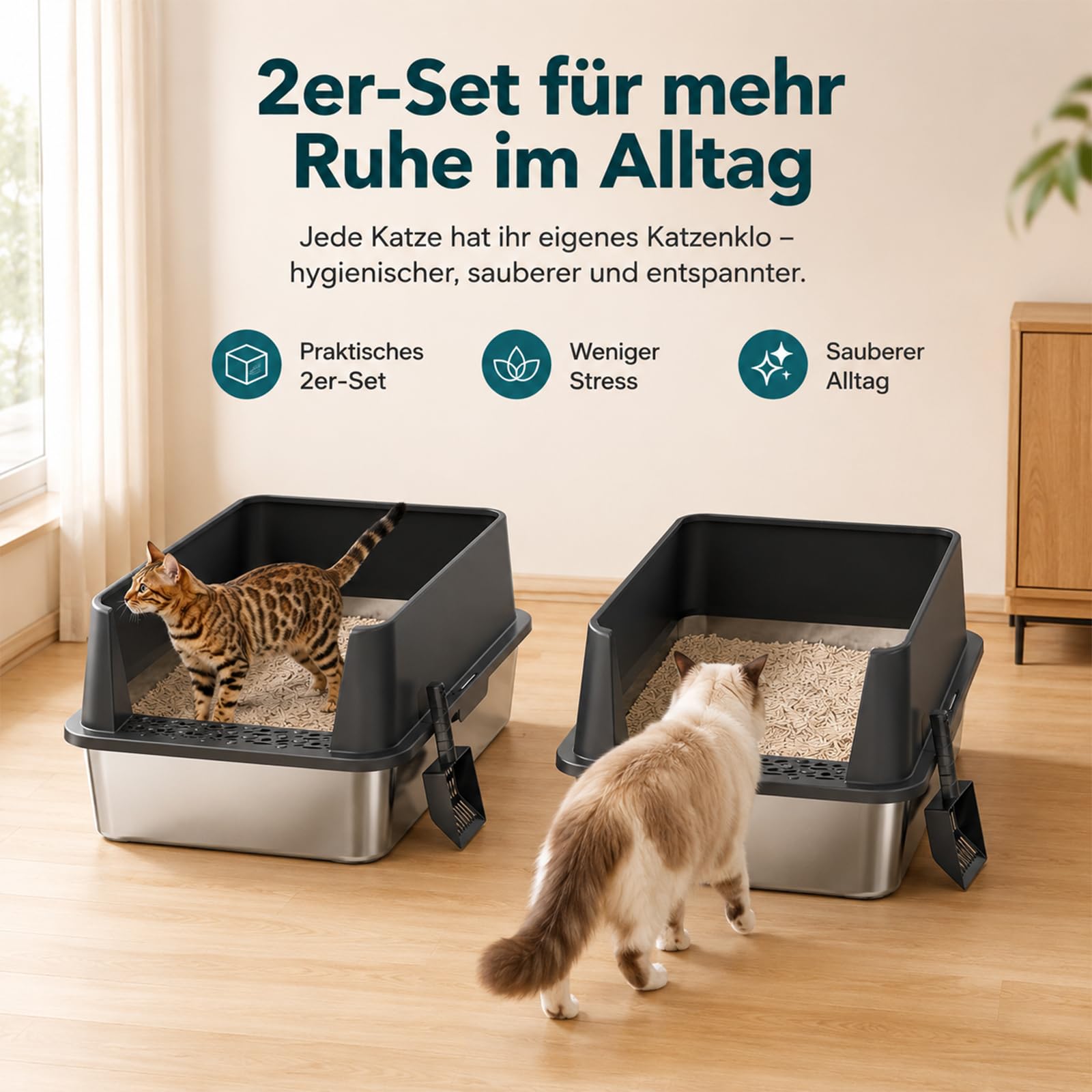 2er Set XXL Katzenklo Edelstahl 60×40×30 cm (37 L) – hoher Rand offene Katzentoilette Edelstahl für große Katzen & Mehrkatzenhaushalte, Metall Katzenklo geruchsfrei, auslaufsicher, inkl. Streuschaufel