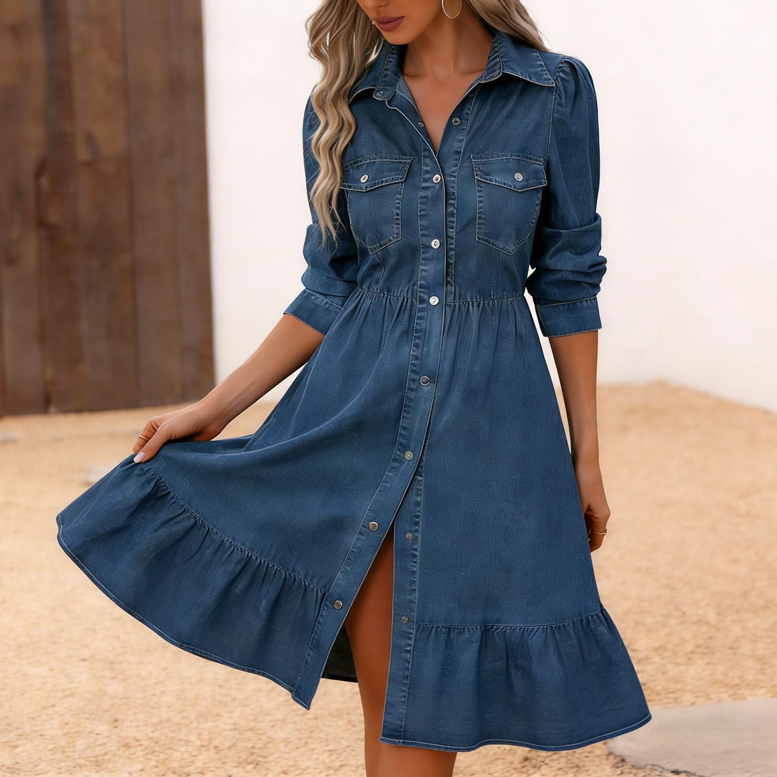 Générique Robe en Jean Femme Midi Col Rabat Manches Longues Boutonnage Devant Volants Bas Robe Décontractée Élégante pour Journée et Sortie