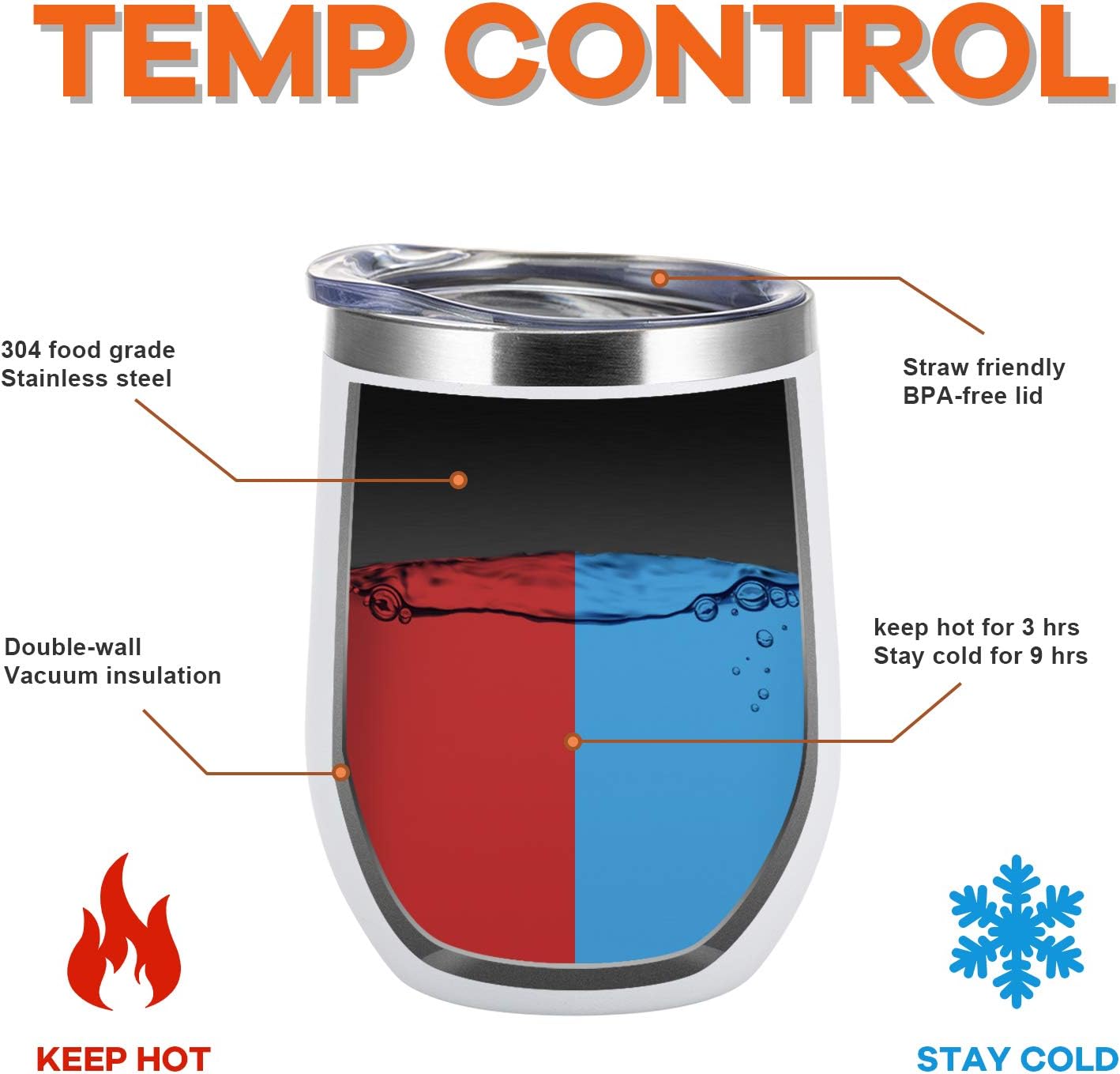 COMOOO 12oz Wine Tumbler with Lid and Straw, Stainless Steel Stemless Wine Glass, Double Wall Vacuum Insulated Wine Tumbler Cup, Cocktails,Beer,Champaign, White, 8 Pack - Image 2