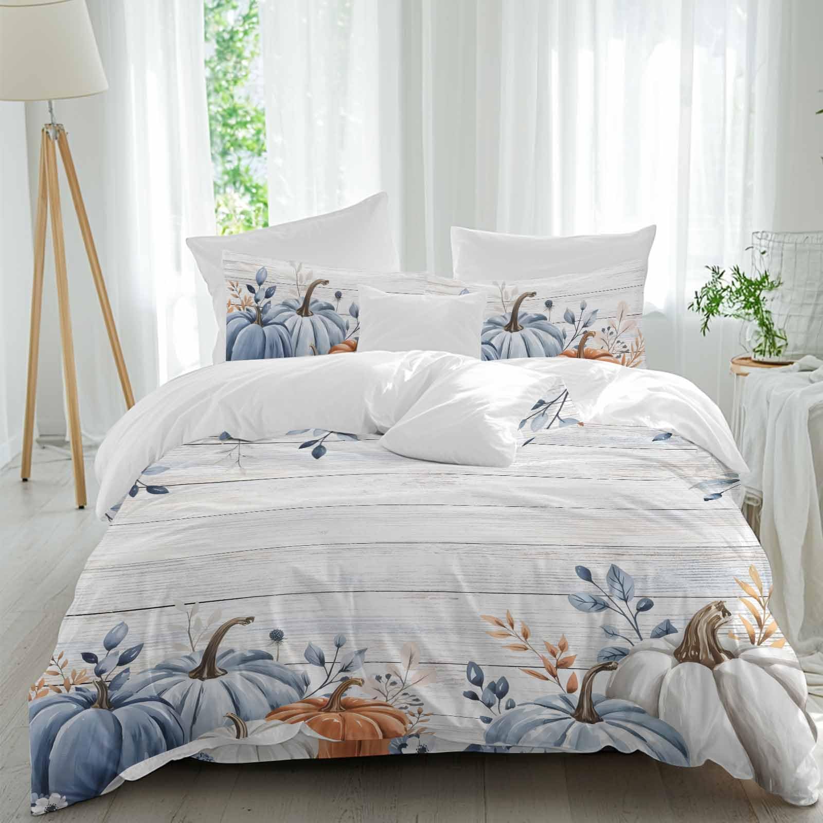 Duvet Cover Twin 4 Pieces Comforter Cover Set Watercolor Blue and White Pumpkin Leaves Thanksgiving Fall Harvest Soft