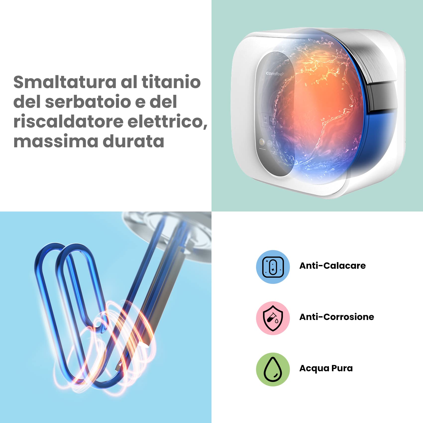 COMFEE' Scaldabagno Elettrico Murale ad Accumolo 30 L D30-15EVG1U – Sottolavello con vano contenitore — Leggero, compatto facile da installare – ideale per piccole utenze, bianco con grigio