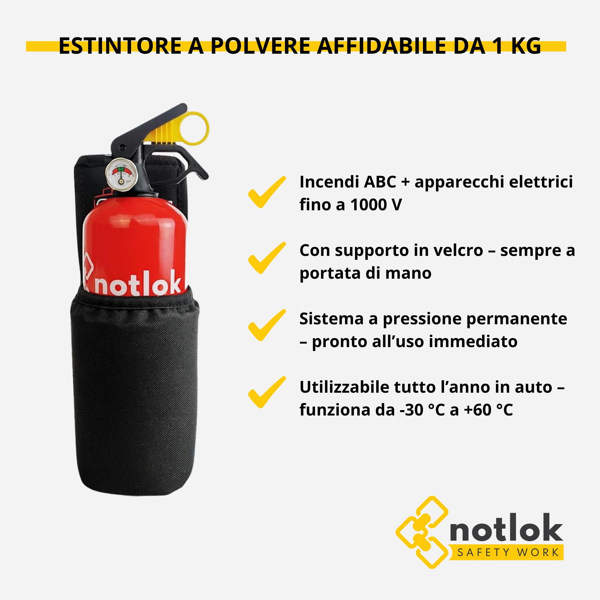 Estintore a Polvere 1kg ABC + Dispositivi Elettrici <1000V | Mini Estintore Portatile + Supporto Auto a strappo | 3 Anni di Garanzia | Estintore Casa, per Auto, Camper, Cucina