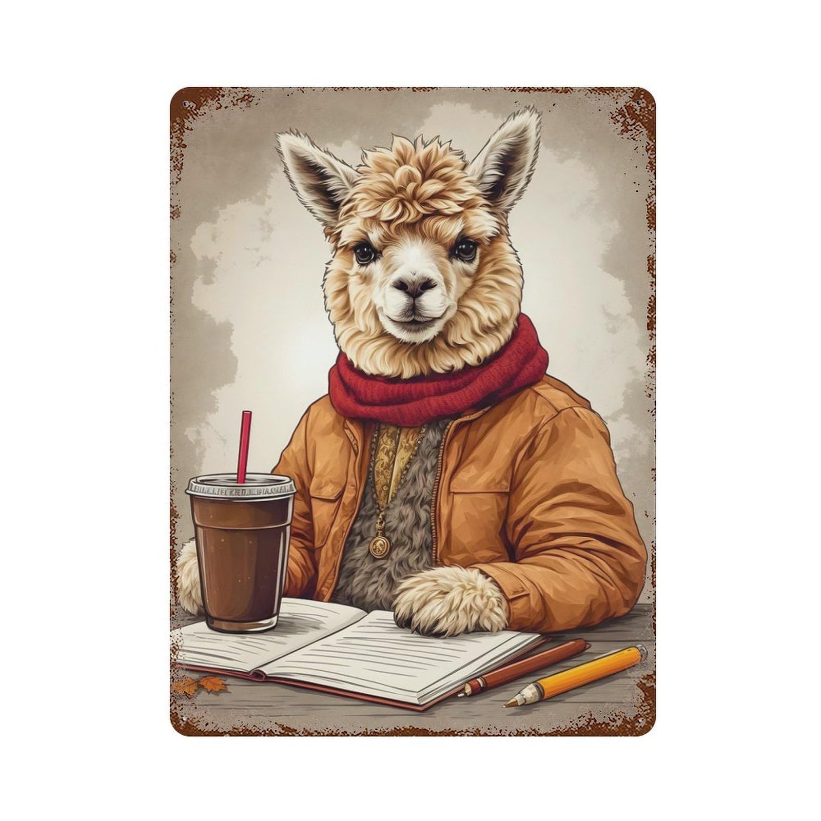 Alpaca Enjoying Coffe Rust Effect Tin Sign 15.7"x11.8", Industrial Home Decor for Garage, Bar And Workshop Decor